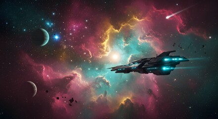 Futuristic spaceship traversing vibrant nebula in deep space.