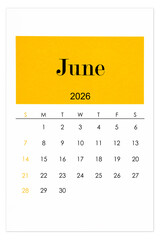 Calendar June 2026 flat style isolated on white background.