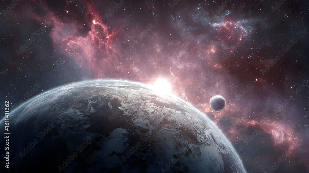 Wall mural a view of a planet and its moon against a backdrop of a colorful nebula and distant stars in space