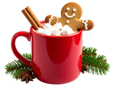 Holiday Mug with Gingerbread Man Dipped Inside, isolated on a transparent background.