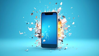 A smartphone explodes in a burst of vibrant energy on a vibrant backdrop