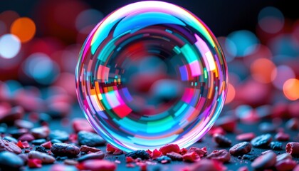 an iridescent bubble floating above a vibrant background with scattered red items that could be flowers or pebbles