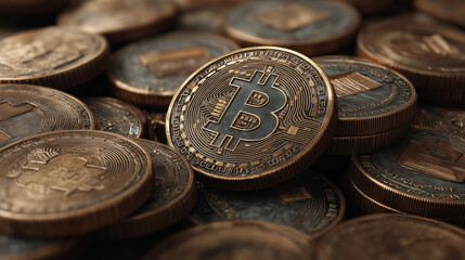 Close-up of stacked Bitcoin cryptocurrency coins with intricate details.