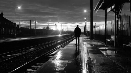 Moody black and white scene of a lone figure standing at an empty train station at sunset.