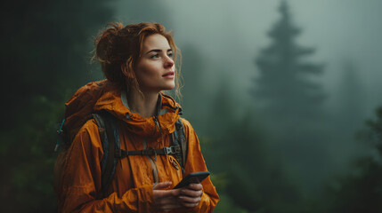 Young woman hiker using smartphone in misty forest.