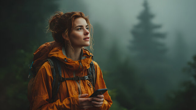 Young woman hiker using smartphone in misty forest.