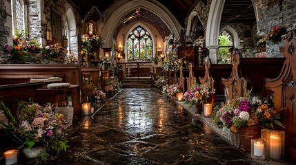 Obraz premium Ethereal Church Service Bathed in Candlelight with Floral Arrangement