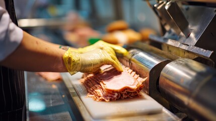 Deli Worker Slicing Meat with Precision on Industrial Slicer