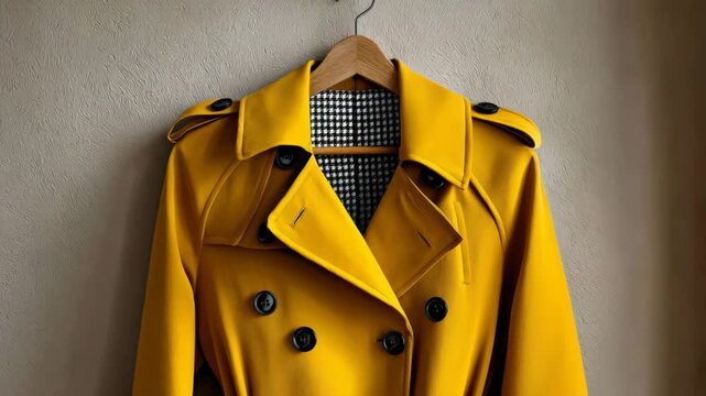 Stylish yellow trench coat with black buttons and houndstooth lining, hanging on wooden hanger against neutral wall, fashion concept