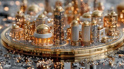 Obraz premium Golden City Skyline Model with Tall Buildings and Dome Structures in Elegant Metallic Style