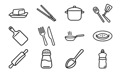 Kitchen Tools and Utensils Line Icon Set – Outline Illustrations of Butter Dish, Chopsticks, Cooking Pot, Cutlery, Frying Pan, Plate, Rolling Pin, Salt Shaker, and Kitchenware Essentials