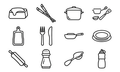 Kitchen Tools and Utensils Line Icon Set – Outline Illustrations of Butter Dish, Chopsticks, Cooking Pot, Cutlery, Frying Pan, Plate, Rolling Pin, Salt Shaker, and Kitchenware Essentials