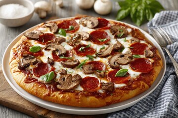 Golden brown Italian Pizza Savory Pepperoni, Fresh Mozzarella Cheese, Earthy Brown Mushrooms, Delicious Meal Wooden Background, Perfect For Italian Cuisine Food Blogs