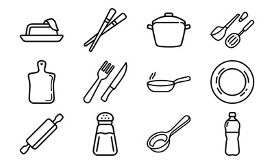Obraz premium Kitchen Tools and Utensils Line Icon Set – Outline Illustrations of Butter Dish, Chopsticks, Cooking Pot, Cutlery, Frying Pan, Plate, Rolling Pin, Salt Shaker, and Kitchenware Essentials