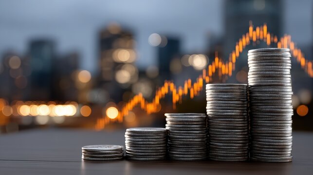 Financial Growth Prosperity Visualized Upward Stock Market Trend Graph Stacked Silver Coins, Signifying Market Success Economic Progress Against Blurred City Lights Backdrop