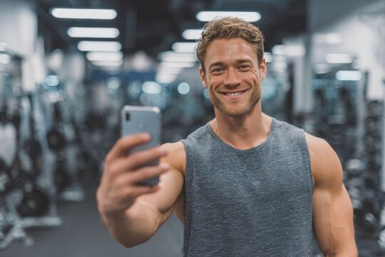Fit man smiling while taking selfie in gym