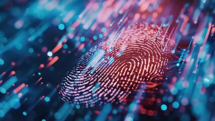 Cutting-edge biometric security system illuminated by digital data streams in vibrant blues and pinks. - Powered by Adobe