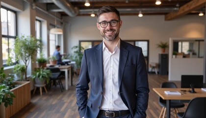 Fototapeta premium Happy mid aged older business man Professional man in a modern office setting smiling confidently.