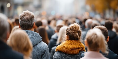 Low Angle Street View Busy Crowd Behind, Focusing Indistinct Heads Textured Hair, Man Jacket, People Tops, Showcasing Shallow Depth Field