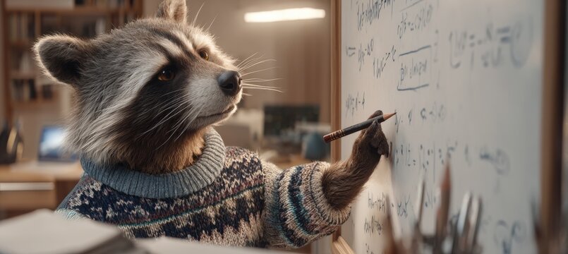 Raccoon in Sweater Writing Formulas on Whiteboard in Modern Classroom