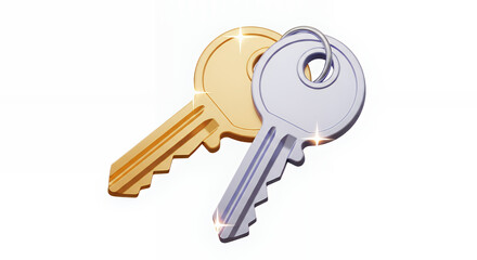 3D key icon set with gold and silver keys crossed on transparent background