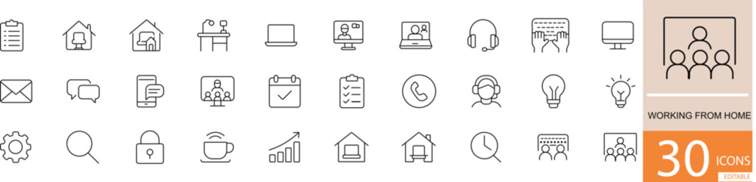 Minimal black line icon set featuring 30 work-from-home and remote work symbols. Perfect for productivity apps, online meetings, digital works paces, and freelancing platforms