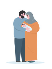Muslim family with a child in her arms. Wife in hijab and husband with baby are happy together. Vector flat graphics.