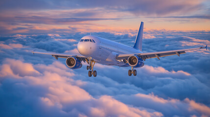 White jetliner casts a subtle shadow on the dense cloud layer beneath, mid-flight across a vibrant sunlit sky, showcasing international travel and elegant engineering