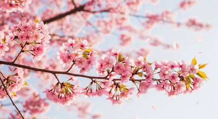 Obraz premium Serene Blossom: A close-up of blooming cherry blossoms against a bright sky