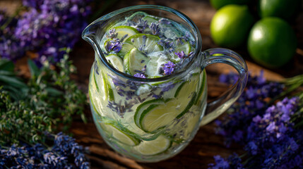 Top-down view of elegant glass pitcher filled with pale purple lavender lemonade, vibrant green lime wheels and lavender blossoms swirling inside, surrounded by fresh herbs