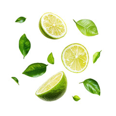 Slice of green Lemon and leave falling isolate on transparent background