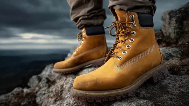 Close-up of brown hiking boots worn on rocky mountain terrain, realistic photography style, with dramatic cloudy sky background, concept of outdoor adventure