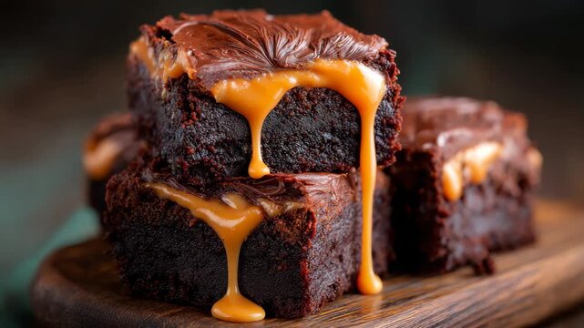 Rich chocolate brownies with melted caramel topping stacked on a rustic wooden board, photographed in a realistic style on dark background