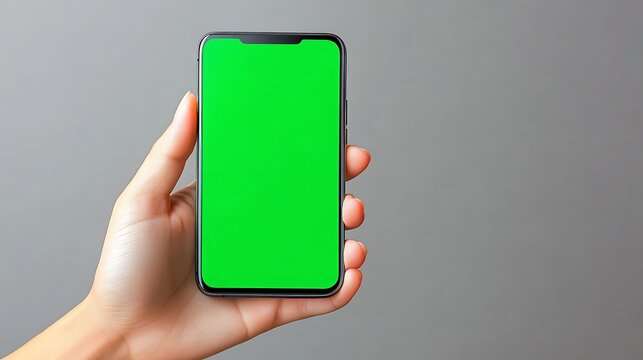 A hand holding a smart phone with a green screen display - Powered by Adobe