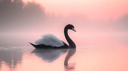 Fototapeta premium Serene swan silhouette gliding across a tranquil waterscape