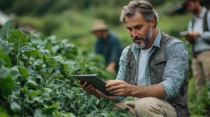 Farmer and businessman discussing on digital tablet in farm field
