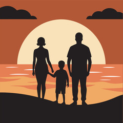 Family Holding Hands Beside Ocean Sunset Silhouette
