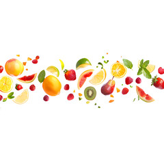 "An assortment of fresh fruits including citrus fruits and berries floating on transparent background PNG"

