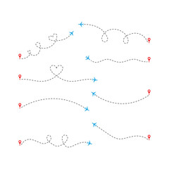 Obraz premium Airplane Flight Path Icons – Dashed Line Routes with Map Pins and Travel Symbols