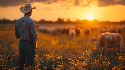 Cowboy standing in a golden sunset field with grazing live