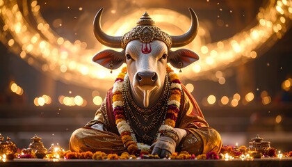 Sacred White Animal Adorned in Gold, Sitting Serene Amidst Temple Lights, Close Up Portrait of Indian Lord Nandi