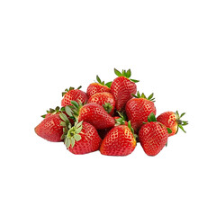 Fresh strawberries with green leaves, vibrant red in color, arranged in a cluster.