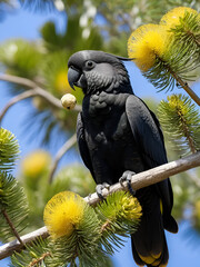Yellow tailed black cockatoo sitting on a Coastal Banksia tree eating a seed pod.