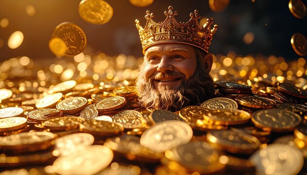 Smiling Monarch Buried In A Heap Of Precious Metal, Close Up Portrait of Indian Lord Kubera