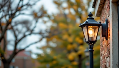 a lamp post outside of a building during what appears to be late afternoon or early evening due to the warm tone of the light and the low position of the sun in the sky