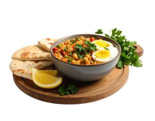  Egyptian Fava Bean Stew Served with Flatbread and Eggs on a Wooden Tray, Side Angle with Shadow, PNG – AI Generated