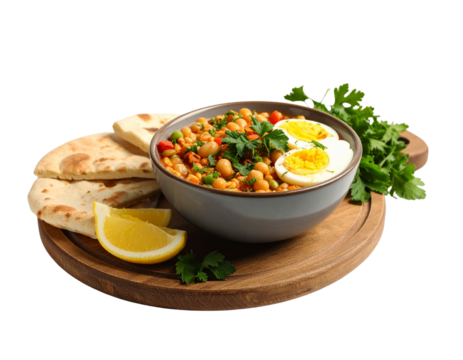  Egyptian Fava Bean Stew Served with Flatbread and Eggs on a Wooden Tray, Side Angle with Shadow, PNG – AI Generated