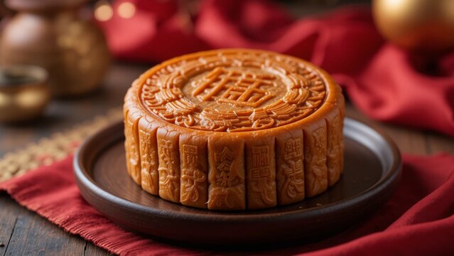 Moon cake or kue bulan, traditional cake usually serve on Chinese New Year Celebrate. Serve on the red box on table