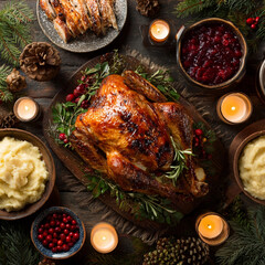 Festive Holiday Dinner with Roasted Turkey, Mashed Potatoes, Cranberry Sauce and Christmas Decor on Rustic Table
