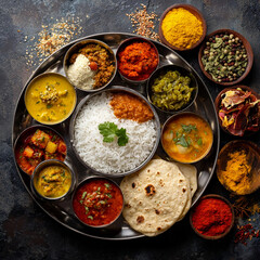 Traditional Indian Thali with Rice, Curries, Lentils, Spices, and Naan Bread on Dark Rustic Background
